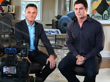 kevin harrington of shark tank and brandon t. adams on set filming a podcast