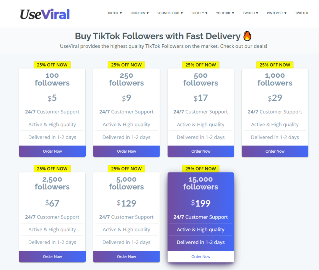 UseViral TikTok Followers Pricing
