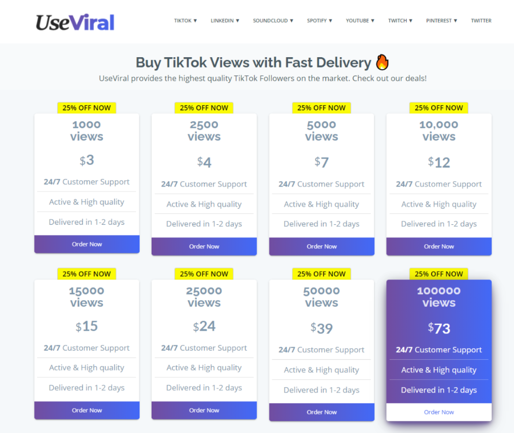 UseViral TikTok views Pricing