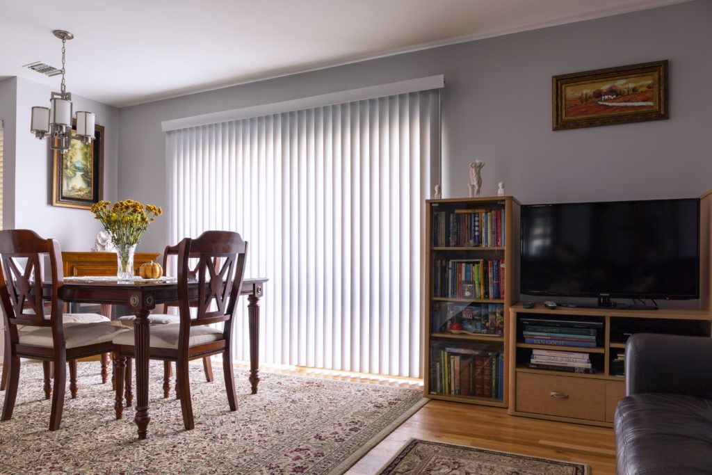 home interior, vertical blinds, sliding door