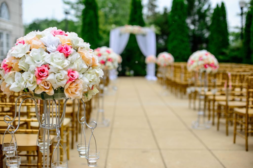 wedding, aisle, flower arrangement